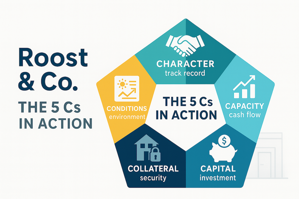 Infographic illustrating the five Cs of credit for small-business loans: character, capacity, capital, collateral, and conditions
