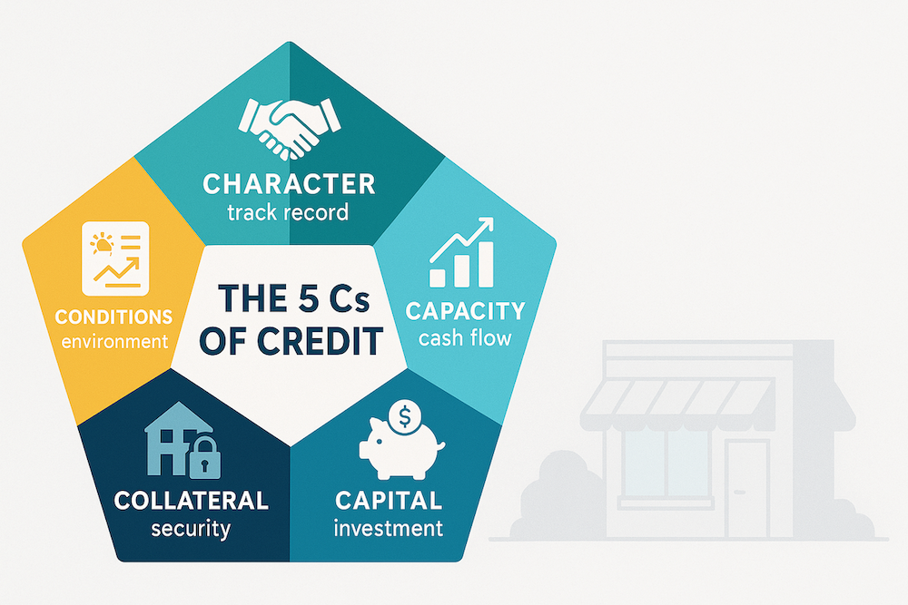 Infographic illustrating the five Cs of credit for small-business loans: character, capacity, capital, collateral, and conditions