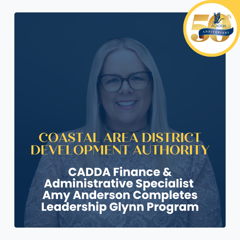 Graphic from the Coastal Area District Development Authority featuring a headshot of a woman overlaid with a navy blue tint. Text reads "CADDA Finance & Administrative Specialist Amy Anderson Completes Leadership Glynn Program." The CADDA 50th Anniversary logo appears in the upper right corner.