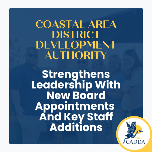 Branded graphic for the Coastal Area District Development Authority announcing "Strengthens Leadership With New Board Appointments And Key Staff Additions." Navy blue background with a faded photo of a group of people. CADDA kingfisher logo in the lower right corner.