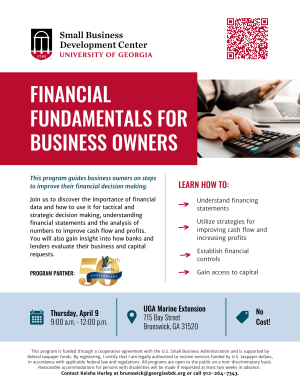 Flyer for the UGA Small Business Development Center's Financial Fundamentals for Business Owners program. Red and white design with a photo of hands working at a calculator. Lists learning outcomes and event details: Thursday, April 9, 9 a.m.–12 p.m. at UGA Marine Extension, Brunswick, GA. No-cost program. CADDA 50th Anniversary logo appears as a program partner
