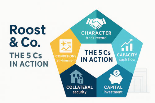 Infographic illustrating the five Cs of credit for small-business loans: character, capacity, capital, collateral, and conditions