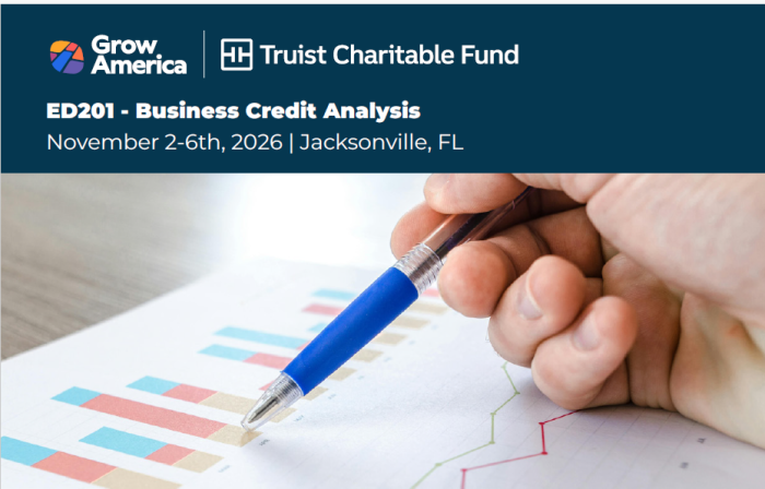 Flyer for ED101 – Economic Development Finance, a Grow America and Truist Charitable Fund program, taking place August 10–14, 2026, in person in Jacksonville, FL. The background photo shows multiple people sitting around a table reviewing printed charts and data reports.